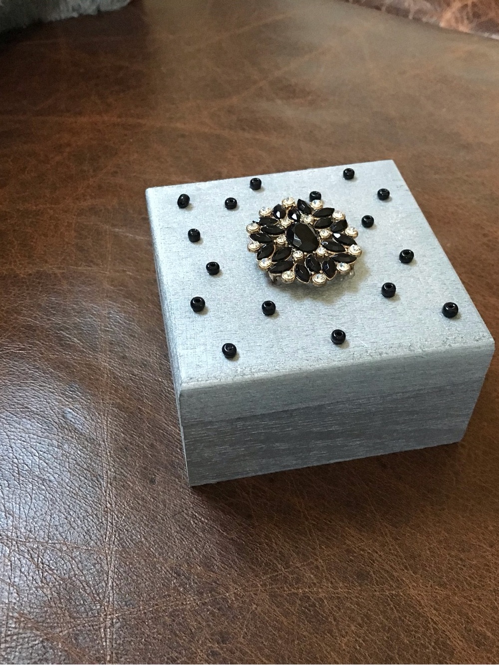Hand crafted wooden silver trinket box with rhinestone flower lid